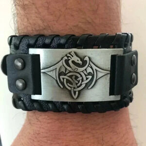 Dragon Mens Viking Celtic Knot PU Leather Stainless Steel Buckle Cuff Bracelet